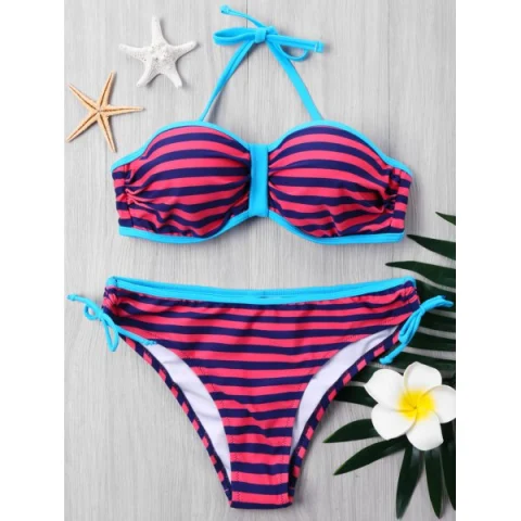 Push Up Stripe Bikini with Halter Neckline - Fansmadedirect