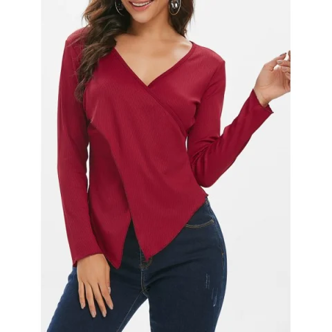 Ribbed Cross Long leeve urplice Top - Red Wine Fansmadedirect