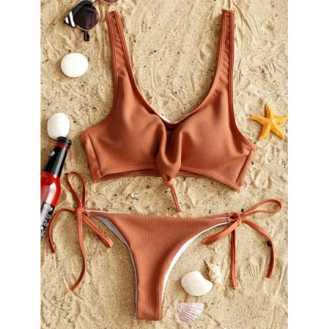 Ribbed Knot Bikini Set - Light Coffee Fansmadedirect