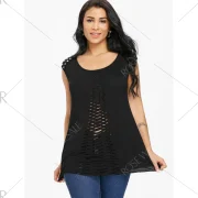 Rivet Embellished Shredding Cut Tank Top - Black Fansmadedirect