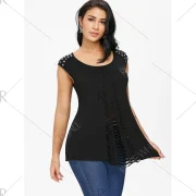 Rivet Embellished Shredding Cut Tank Top - Black Fansmadedirect