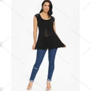 Rivet Embellished Shredding Cut Tank Top - Black Fansmadedirect