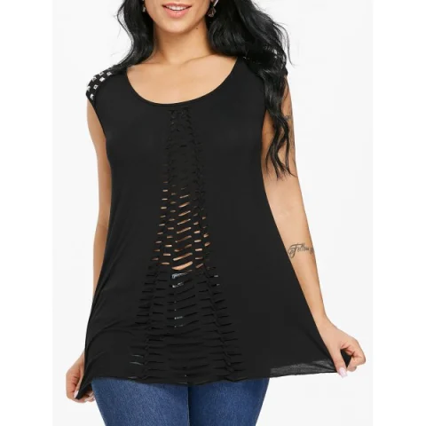 Rivet Embellished Shredding Cut Tank Top - Black Fansmadedirect