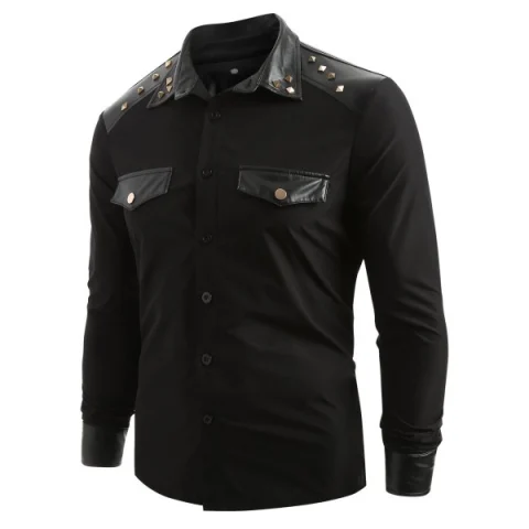 Rivet Panel Long Sleeve Shirt - Black Fansmadedirect