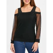 Rivet Trim Open houlder Long leeve Blouse - Black Fansmadedirect
