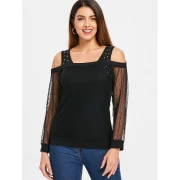 Rivet Trim Open houlder Long leeve Blouse - Black Fansmadedirect