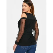 Rivet Trim Open houlder Long leeve Blouse - Black Fansmadedirect
