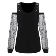 Rivet Trim Open houlder Long leeve Blouse - Black Fansmadedirect