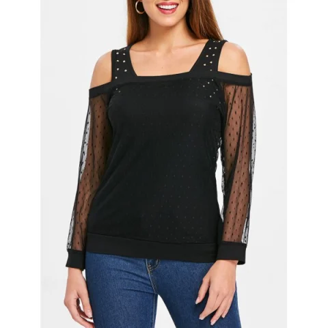 Rivet Trim Open houlder Long leeve Blouse - Black Fansmadedirect