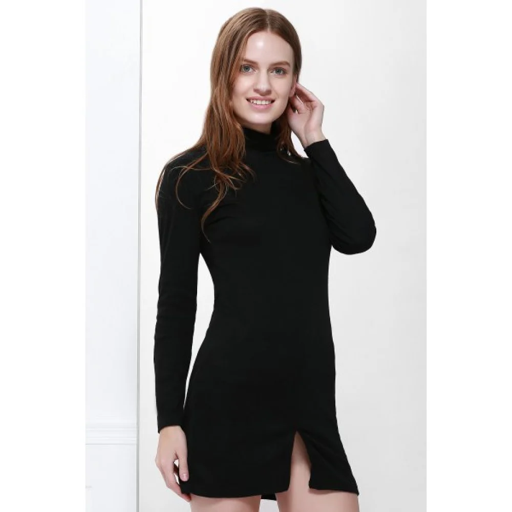 Roll Neck Slit Front Design Pullover Jumper Dress - Black Fansmadedirect