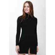 Roll Neck Slit Front Design Pullover Jumper Dress - Black Fansmadedirect