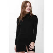 Roll Neck Slit Front Design Pullover Jumper Dress - Black Fansmadedirect