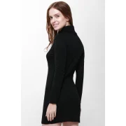 Roll Neck Slit Front Design Pullover Jumper Dress - Black Fansmadedirect