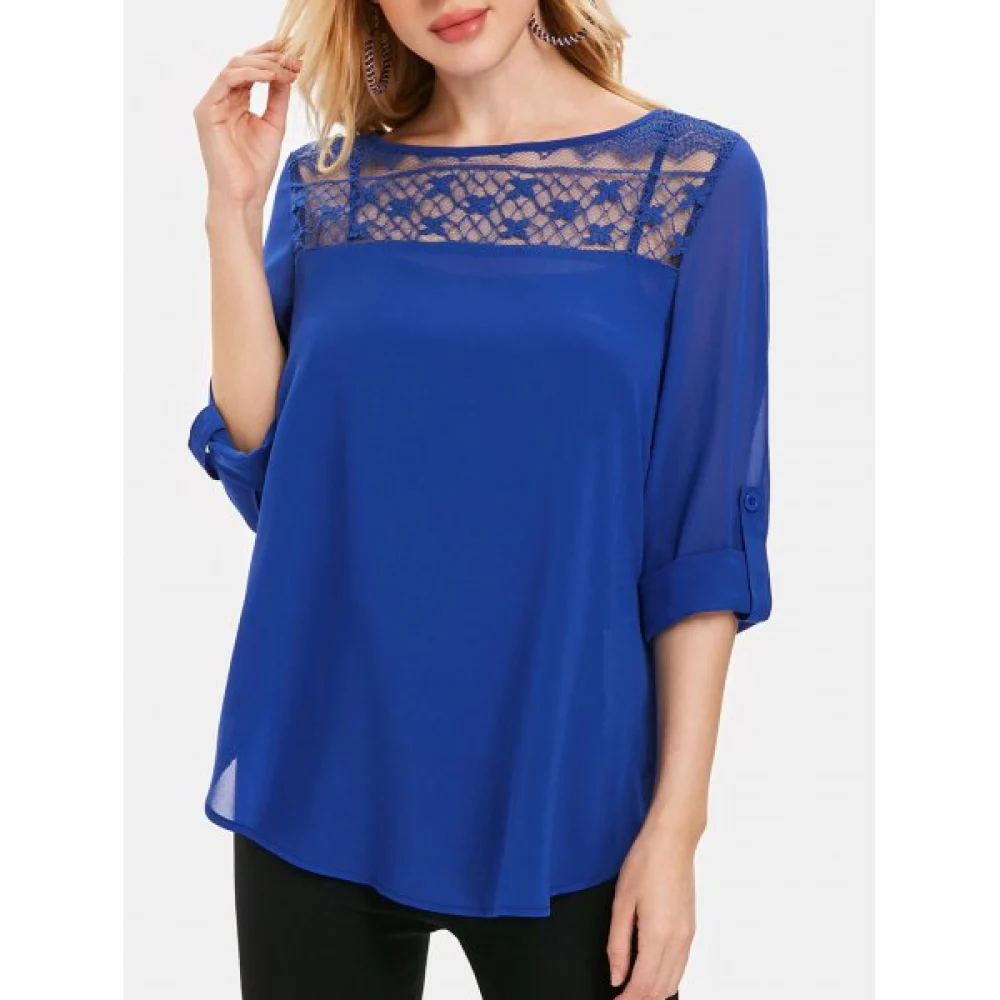 Round Hem Casual Chiffon Blouse - Blueberry Blue Fansmadedirect