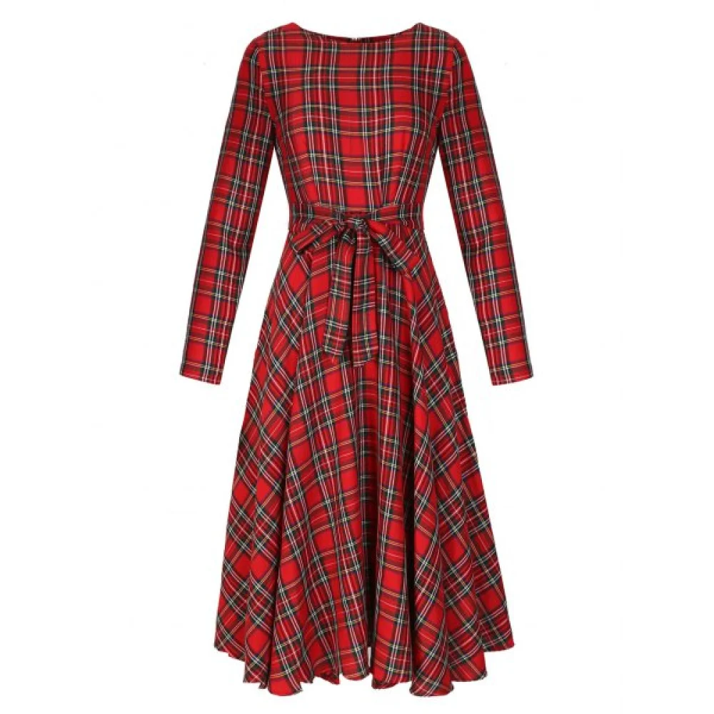 Round Neck Long leeve Mid-length Plaid Dress - Red Fansmadedirect