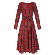 Round Neck Long leeve Mid-length Plaid Dress - Red Fansmadedirect