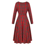 Round Neck Long leeve Mid-length Plaid Dress - Red Fansmadedirect