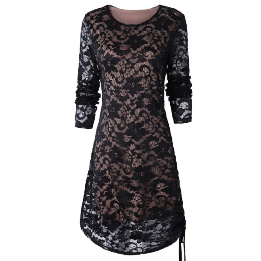 Ruched ide Full leeve Tunic Lace Dress - Black Fansmadedirect