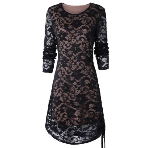 Ruched ide Full leeve Tunic Lace Dress - Black Fansmadedirect