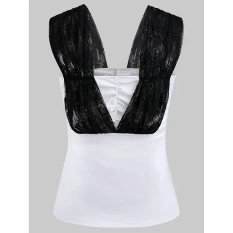 Ruched Lace Panel Tank Top - White Fansmadedirect