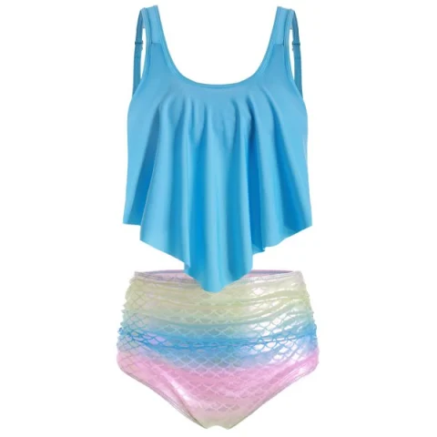 Ruched Rainbow ermaid Tankini Swimsuit - Crystal Blue Fansmadedirect