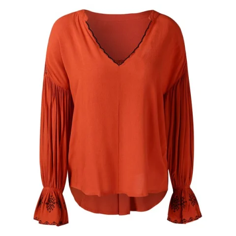 Ruched Sleeve V Cut Asymmetrical Blouse - ahogany Fansmadedirect