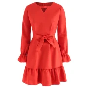 Ruffle Belted Mini Dress - Valentine Red Fansmadedirect