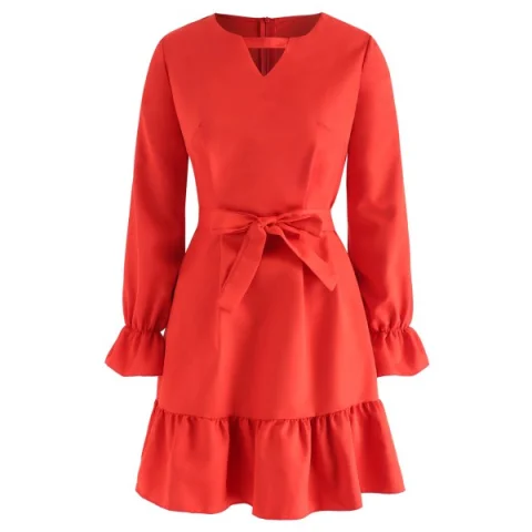 Ruffle Belted Mini Dress - Valentine Red Fansmadedirect