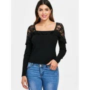 Ruffle Embellished ace Panel Ribbed Top - Black Fansmadedirect