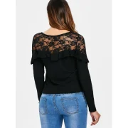 Ruffle Embellished ace Panel Ribbed Top - Black Fansmadedirect