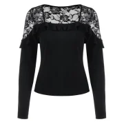 Ruffle Embellished ace Panel Ribbed Top - Black Fansmadedirect