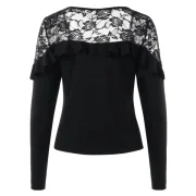 Ruffle Embellished ace Panel Ribbed Top - Black Fansmadedirect