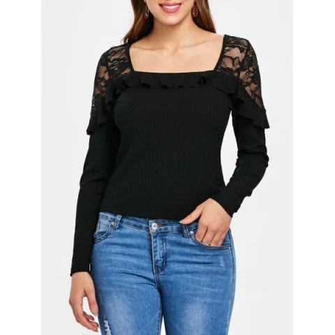 Ruffle Embellished ace Panel Ribbed Top - Black Fansmadedirect