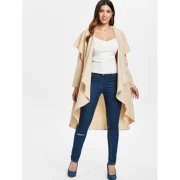 Ruffle-front Drape Coat - Beige Fansmadedirect