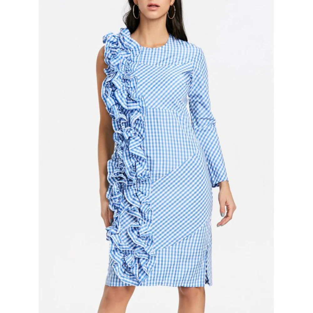 Ruffle Plaid Bodycon Dress - Blue Fansmadedirect
