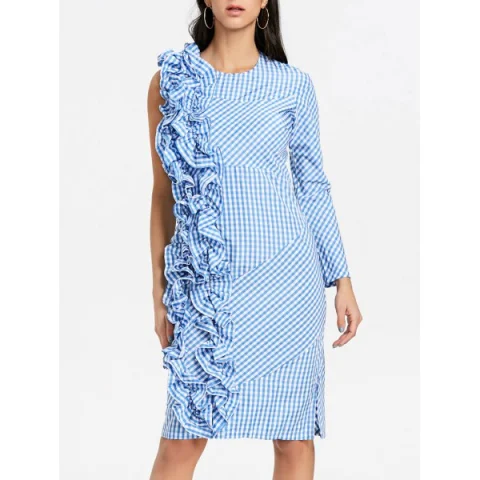 Ruffle Plaid Bodycon Dress - Blue Fansmadedirect