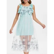 Ruffle Sleeve Mesh Embroidery Midi Dress - Baby Blue Fansmadedirect