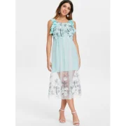 Ruffle Sleeve Mesh Embroidery Midi Dress - Baby Blue Fansmadedirect