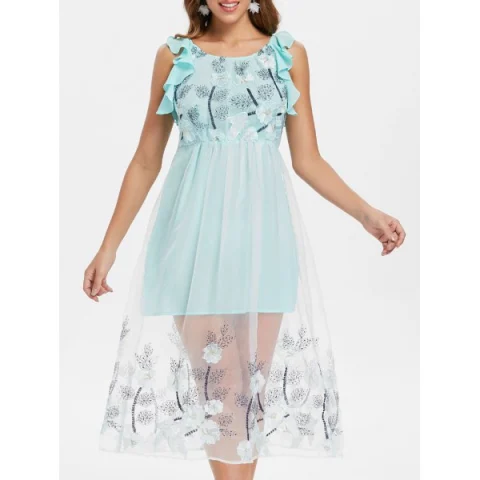 Ruffle Sleeve Mesh Embroidery Midi Dress - Baby Blue Fansmadedirect