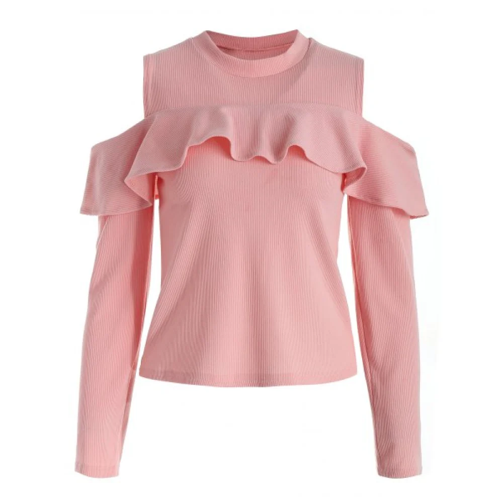 Ruffled Cutout Shoulder Tee - Pig Pink Fansmadedirect