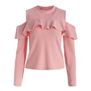 Ruffled Cutout Shoulder Tee - Pig Pink Fansmadedirect