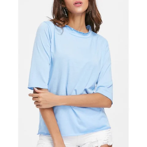 Ruffled Neck Half leeve Tee - Light Blue Fansmadedirect