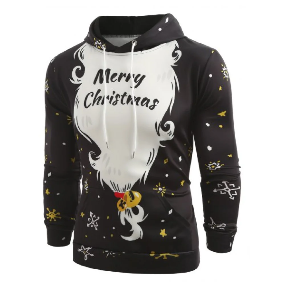 Santa Claus Beard and Hat Print Hoodie - Black Fansmadedirect