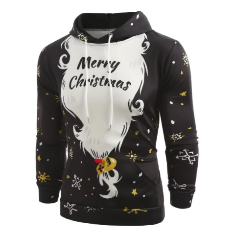 Santa Claus Beard and Hat Print Hoodie - Black Fansmadedirect