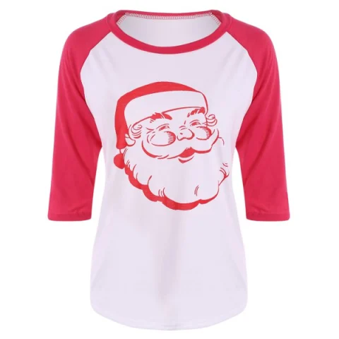 Santa Print Raglan Sleeve Christmas Tee - Red Fansmadedirect