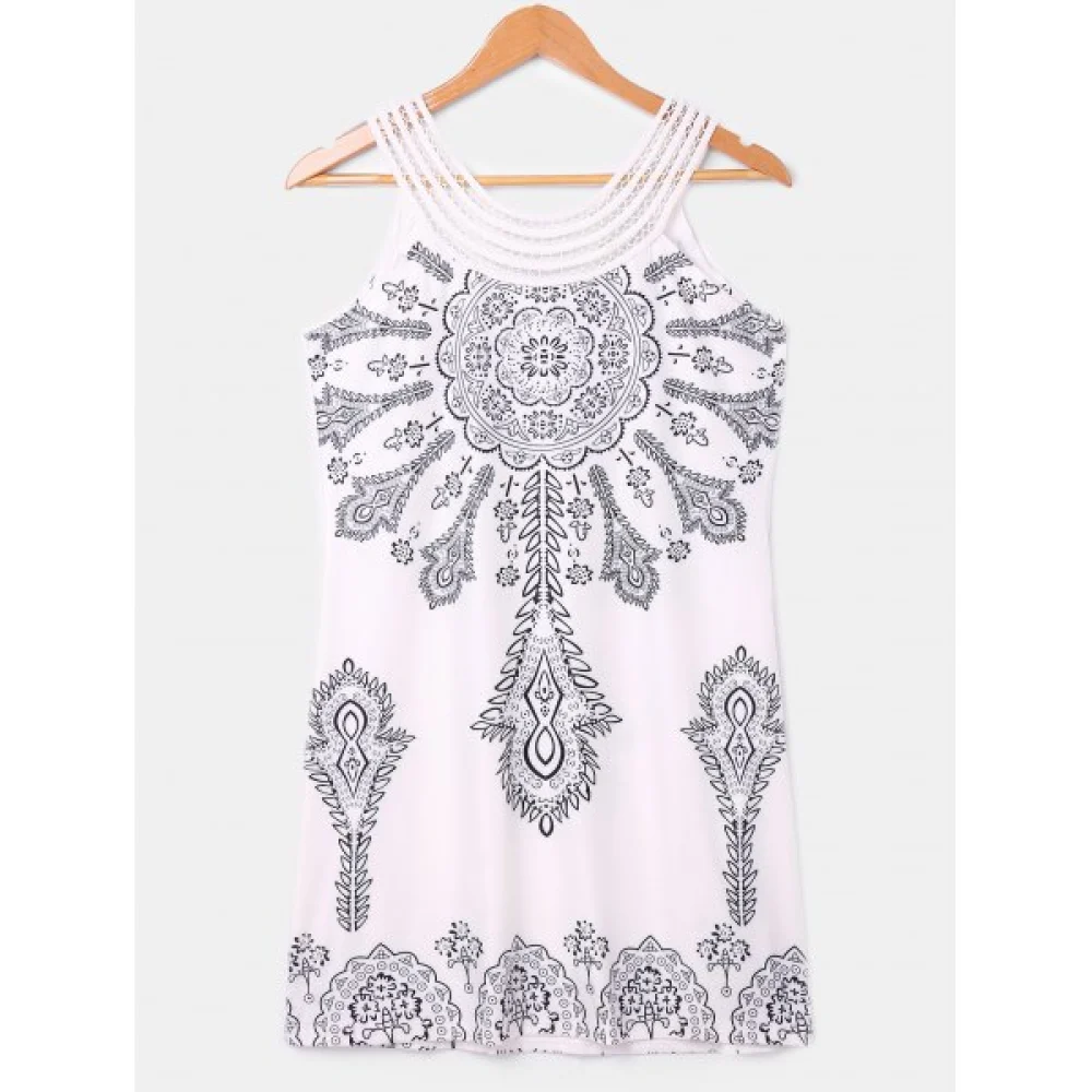 Scoop Neck Ethnic Print Sleeveless Dress - Fansmadedirect