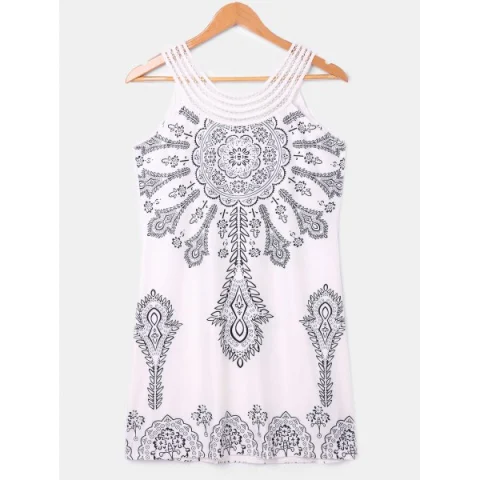 Scoop Neck Ethnic Print Sleeveless Dress - Fansmadedirect
