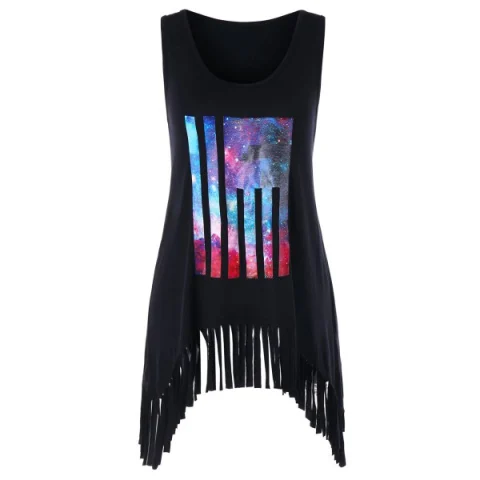 Scoop Neck Galaxy Print Fringe Tank Top - Black Fansmadedirect