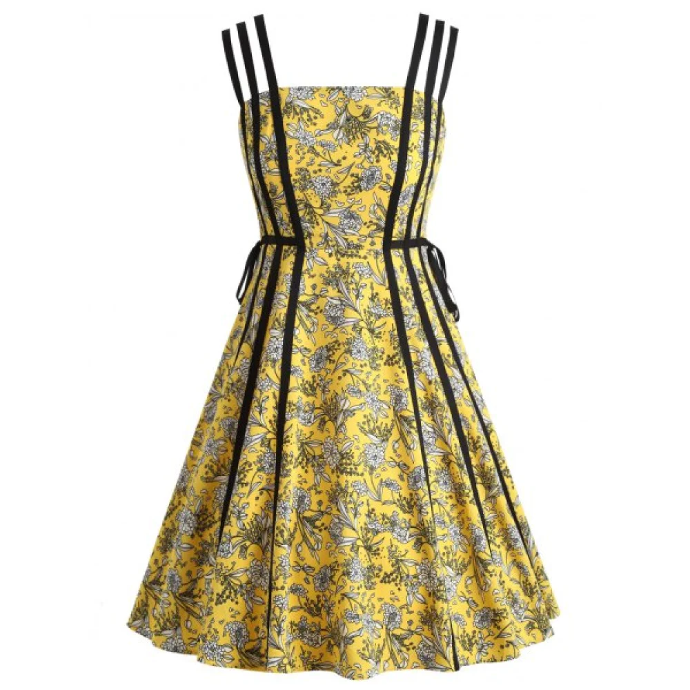 Self Tie Spaghetti Strap Print Dress - Yellow Fansmadedirect