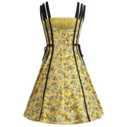 Self Tie Spaghetti Strap Print Dress - Yellow Fansmadedirect